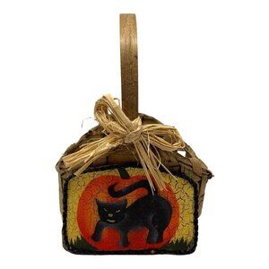 Halloween Vintage Woven Basket Black Cat Pumpkin Design Rustic Bow Handcrafted